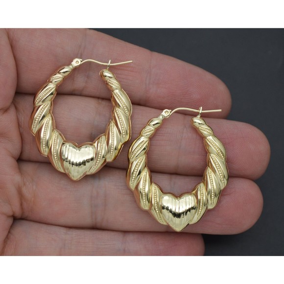 Real 10K Yellow Gold 35mm Bamboo Heart Graduated Diamond Cut Hoop Earrings 3.5gr
